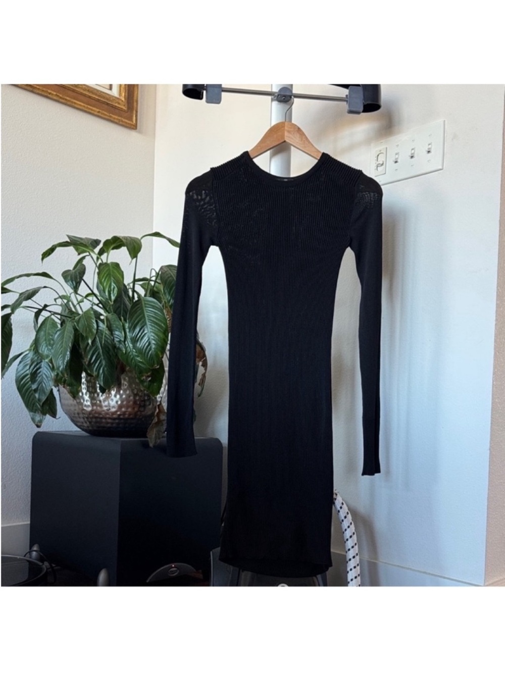 Zara Black Ribbed Knit Bodycon Fitted Mini Dress Sz S Long Sheer Knit Sleeves